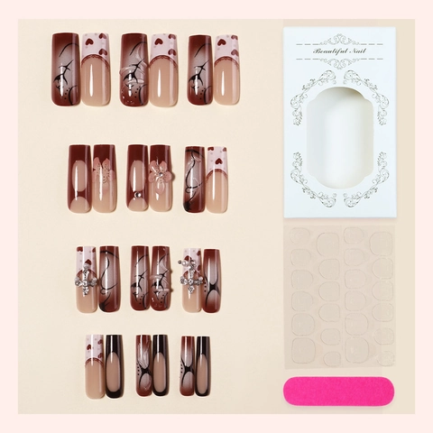 Unghie Finte Press On Nails Fatte A Mano Lunghe Bara Con Strass Croce Perla Artificial Rosso Scuro Occhio Di Gatto 3D Fiore