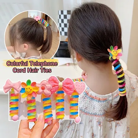 Kids Rainbow Spiral Telephone Wire Hair Ties Cartoon Flower Heart Bow Plastic Resin Elastic Hair Clips For Girls