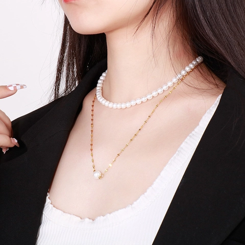 Collar De Perlas Artificiales Por Capas Para Mujer Acero Inoxidable Cadena Dorada Ajustable Elegante Colgante De Clavícula Joyería