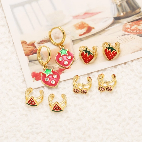 Frucht Emaille Ohrklemmen Und Creolen Messing 18K Vergoldet Zirkonia Erdbeere Wassermelone Kirsche Für Damen