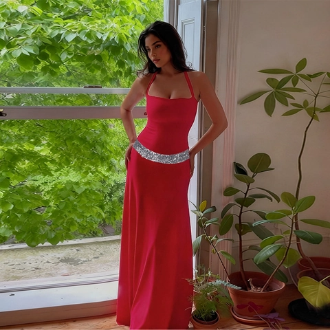 Elegant Halter Maxi Dress With Silver Sequin Waist Belt Backless Slim Fit Polyester For Evening Party Banquet