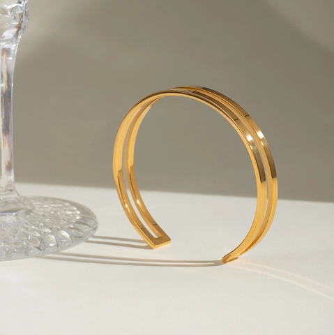Bracciale Rigido Minimalista in Acciaio Inossidabile a Doppio Strato Cavo Placcato Oro 18K Geometrico Aperto Donna Gioielli