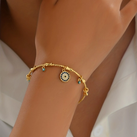 Evil Eye Bangle Bracelet For Women Gold Plated Alloy Adjustable Open Cuff Turkish Eye Rhinestone Charm Ethnic Jewelry