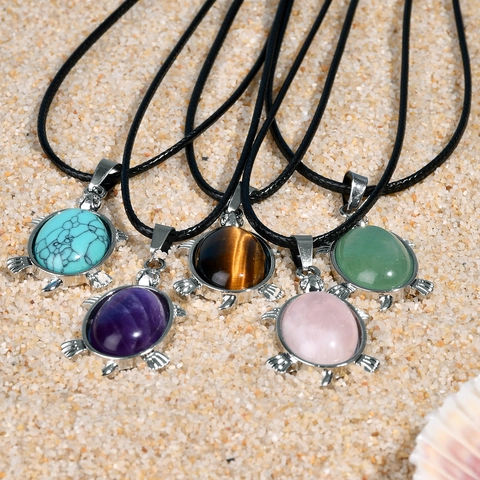 Retro Natural Stone Sea Turtle Pendant Necklace Alloy Animal Charm Wax Rope Bohemian Beach Holiday Jewelry For Women Men