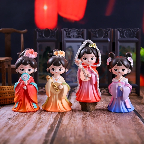 Oude Chinese Schoonheid Figurines Q Versie Hanfu Meisjes Resin Miniatuur Ornamenten Traditionele Bureau Decoratie