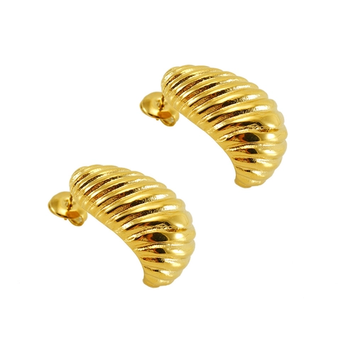 Pendientes De Botón Croissant Baño Oro 18K Acero Inoxidable 304 Textura Espiral Estriada Joyería Vintage Mujer