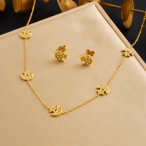 Collana E Orecchini Con Ciondolo Stella Luna Con Strass Gioielli In Acciaio Inossidabile Placcato Oro Per Donna Squisiti Accessori Moda