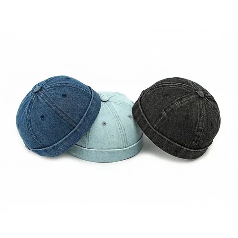 Vintage Denim Docker Hat Brimless Cap Adjustable Cotton Rolled Cuff Retro Streetwear For Men Women