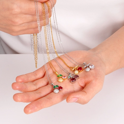 Collana Con Pendente A Ciliegia In Rame Con Zirconi Incastonati Forma Di Frutta Elegante Catena Di Clavicola Alla Moda Per Donna