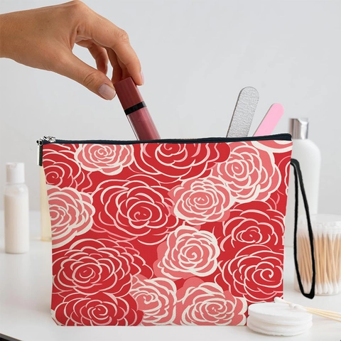 Bolsa De Cosméticos De Lino Con Estampado De Rosas Neceser De Viaje Organizador De Tocador Con Cremallera Y Correa