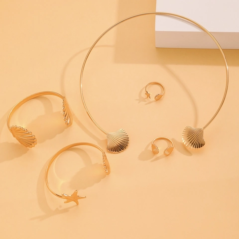 Colección de Joyas de Estrella de Mar y Concha de Oro Brazalete Abierto Ajustable Collar Gargantilla Anillo para Mujer Accesorio de Playa