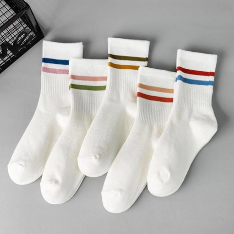 Gestreifte Crew Socken Baumwollmischung Atmungsaktiv Schweißabsorbierend Doppelstreifen Sportlich Retro Lässige Socken