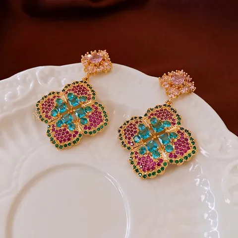 Boucles D'oreilles Pendantes Fleurs Cuivre Zircone Cubique Avec Tige Argent Sterling 925 Style Rétro Somptueux Femmes