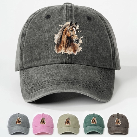 Washed Cotton Baseball Cap Realistic Horse Head Print Vintage Adjustable Sun Protection Outdoor Sports Hat For Men Women