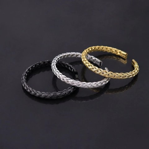 Woven Wire Cuff Bracelet 316L Stainless Steel Open Adjustable Simple Punk Style Fashion Jewelry For Men Women