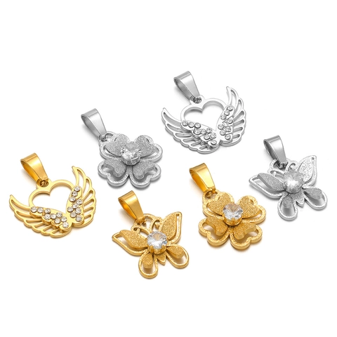 Colgantes De Acero Inoxidable Mariposa Corazón Alas Trébol Chapado En Oro Diamante De Imitación Accesorio Joyería DIY