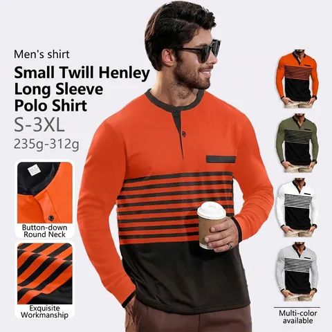T-Shirt Henley Pour Hommes Manches Longues Color Block Rayé Respirant Polyester Élasthanne Coupe Slim Top Décontracté