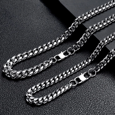 Collar Pulsera De Cadena De Eslabones Cubanos De Acero Inoxidable Pulido Estilo Hip Hop Punk Para Hombres Hebilla Plana