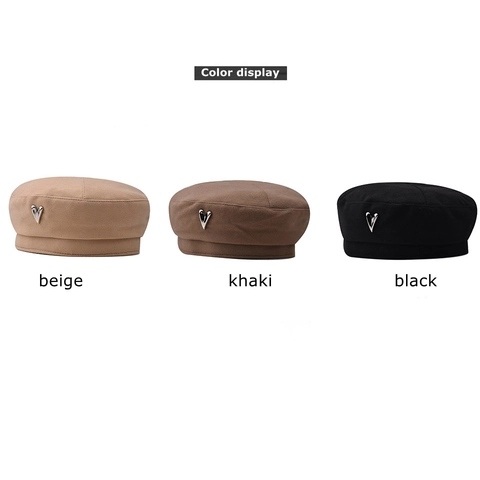 Women Wool Blend Beret Hat With Metal Heart Decor Solid Color Warm Autumn Winter Fashion Painter Hat