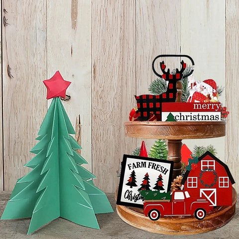 Christmas Tiered Tray Decor Wood Rustic Farmhouse Reindeer Red Truck Barn Signs For Holiday Table Home Ornament