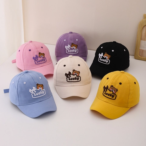 Kids Baseball Cap Cotton Breathable Bear Embroidery Lucky Letter Sun Protection Adjustable Outdoor Hat For Toddler