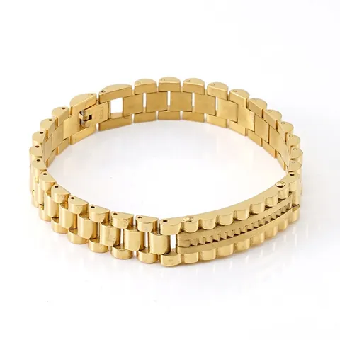 Pulsera Estilo Correa De Reloj Para Hombre De Acero Inoxidable Cadena De Eslabones President Chapado En Oro De 18K