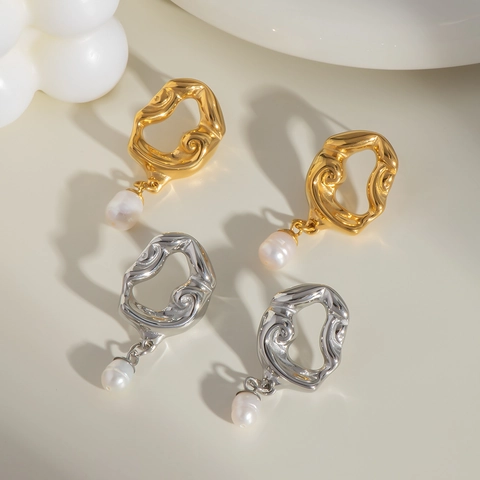 Boucles Oreilles Vintage En Acier Inoxydable Géométriques Ajourées Avec Pendentif Perle Eau Douce Mode Irrégulière Doré PVD