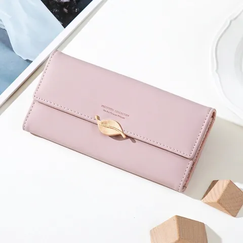 Portafoglio Lungo Donna Pelle PU Triplo Pieghevole Molte Slot Per Carte Tasca Con Cerniera Fibbia Foglia Oro Pochette