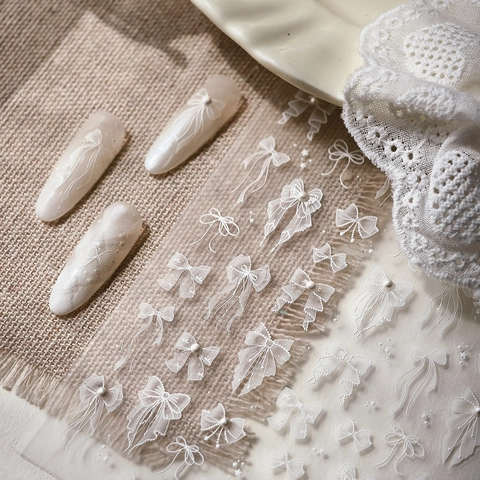 Autocollants D'Art D'Ongles Nœud Blanc Relief Dentelle Ruban Gaufré Décoration De Manucure DIY Pour Femmes