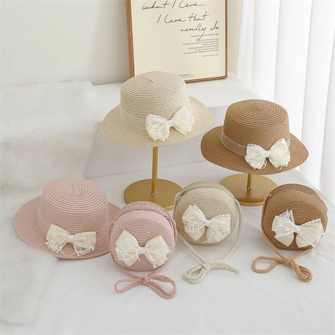 Sombrero De Paja Para Niñas Con Lazo De Encaje Y Perla Artificial Sombrero De Playa De Verano Y Bolso Bandolera Redondo