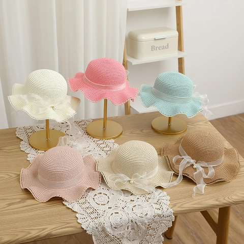 Straw Hat And Matching Bag Wavy Brim Sun Protection Bow Artificial Pearl Summer Beach Accessories For Kids Women