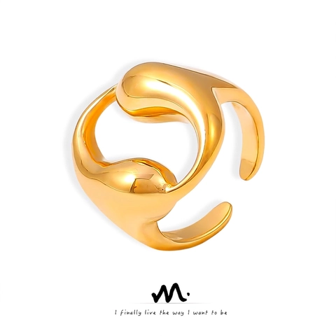 Anello Aperto Fluido Irregolare Acciaio Al Titanio Placcato Oro 18K Cavo Design Geometrico Doppia Goccia Per Donna