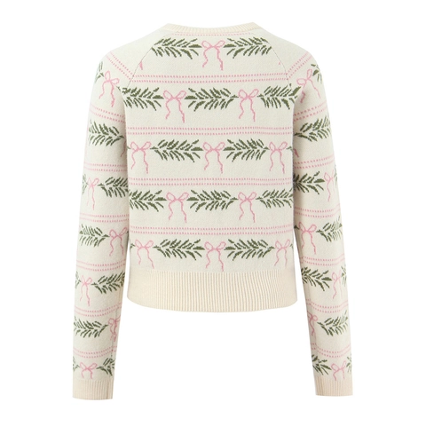 Dames Gebreid Vest Trui Ronde Hals Lange Mouwen Knoopsluiting Roze Strik Jacquard Schulprand Zoete Meisjes Top