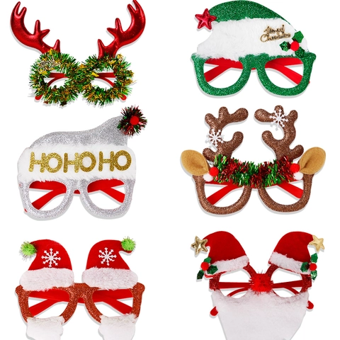 Festive Christmas Glasses Frame Plastic Non-woven Glitter Reindeer Antlers Santa Claus Photo Props For Xmas Party Holiday Decoration