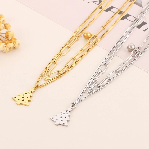 Set Gioielli Acciaio Inossidabile Albero Di Natale Con Collana Bracciale E Orecchini Stile Festivo Moda Perline E Campanelli