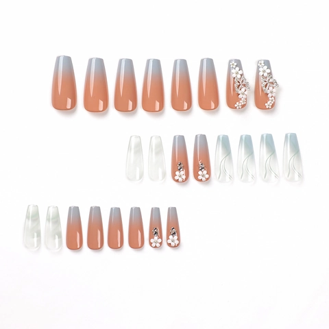 Press On Nails Lang Trapez Französisch Farbverlauf Schmetterling Blume Straßstein Deko Glänzend Falsche Nägel Für Damen
