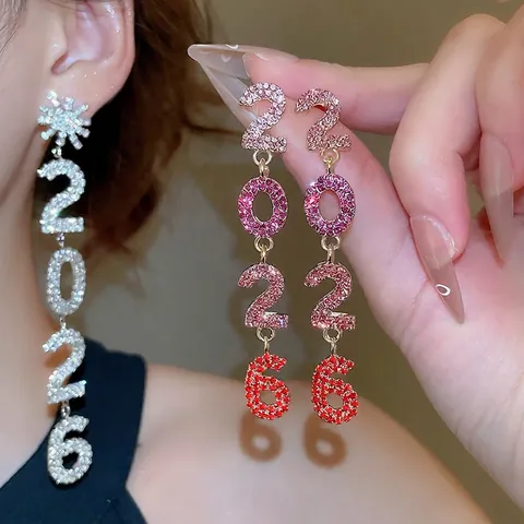 2026 Jahr Nummer Lange Hängeohrringe Legierung Strass Stern Schneeflocke 925 Sterling Silber Ohrstecker Für Frauen