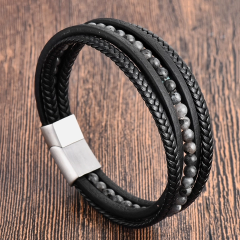 Herren Mehrlagiges Geflochtenes Lederarmband Mit Magnetverschluss Aus Edelstahl Und Natursteinperlen Punk Retro Stil