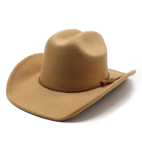 Chapeau de Cow-boy de l'Ouest Unisexe en Feutre de Laine Large Bord Fedora Style Ethnique Bande Tressée Rétro Jazz Panama Homme Femme