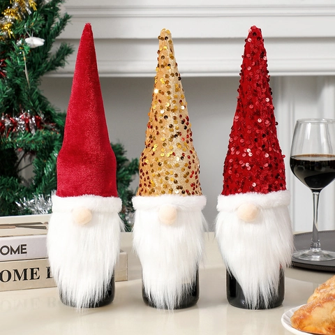 Housse De Bouteille De Vin De Noël Gnome Paillettes Velours Tissu Rudolph Pour Décoration De Table De Dîner De Fête