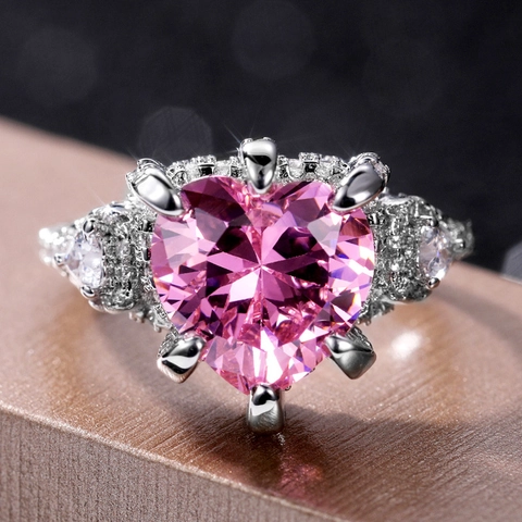 Elegant Heart Shaped Pink Cubic Zirconia Copper Ring Luxury Wedding Proposal Romantic Hand Jewelry For Women