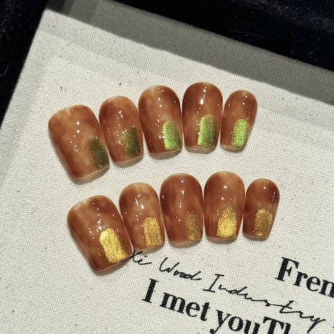 Maillard Brun Ambre Écaille de Tortue Fait à la Main Faux Ongles Gel Dégradé Oeil de Chat Luxe Brillant Faux Ongles Femme