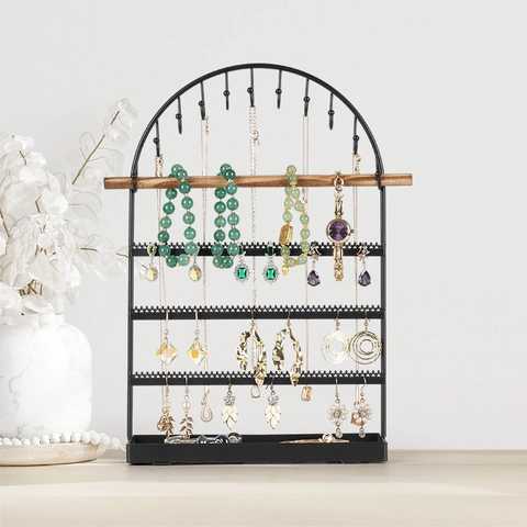 Arch Metal Jewelry Display Stand With Wood Bar And Tray For Earrings Necklaces Bracelets Rings Home Storage