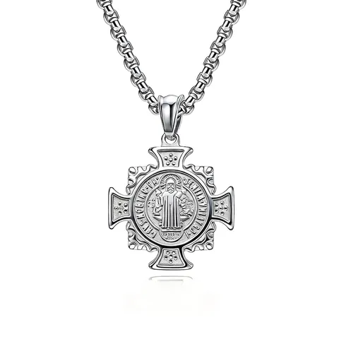 Collar Con Colgante De Cruz De Medalla De Exorcista De San Benito Joyería Religiosa De Acero Inoxidable Vintage Para Hombre