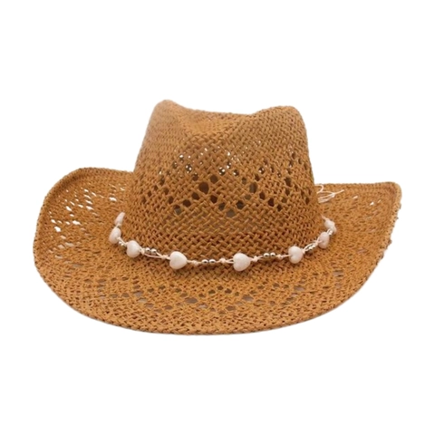 Cappello Da Cowboy In Paglia Traforato Traspirante Protezione Solare Vacanza Mare Decorazione Cuore Perle
