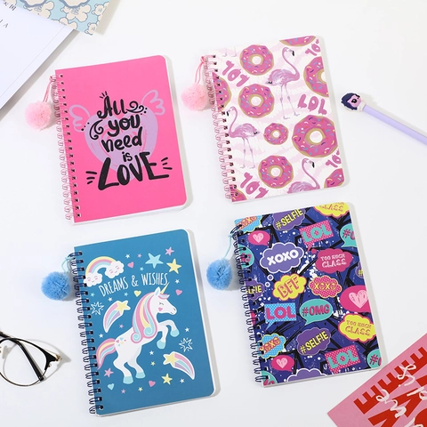 Spiraalnotitieboek Harde Kaft Dubbele Spiraal Met Pluche Bal Hanger Cartoon Flamingo Eenhoorn Patroon Briefpapier Voor Meisjes