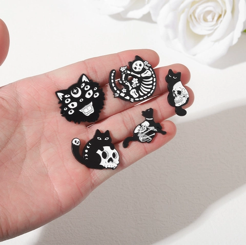 Gothic Katze Skelett Brosche Emaille Pins Für Rucksäcke Kleidung Halloween Punk Stil Totenkopf Katze Legierung Abzeichen Schmuck Geschenk
