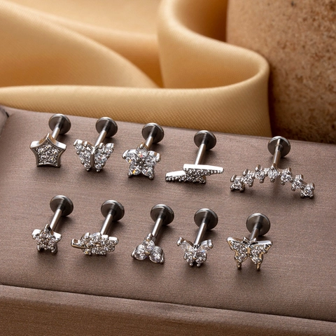 Labret Studs Acier Inoxydable Filetage Interne Zircon Cuivre Fleur Papillon Étoile Piercing Cartilage Oreille
