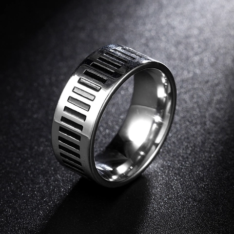 Vintage Piano Key Stainless Steel Ring For Men Black Striped Groove Band Industrial Style Retro Jewelry Accessories