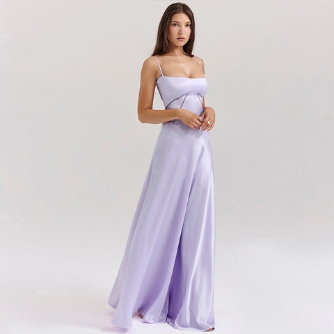 Satin Spaghetti Strap Maxi Dress Backless Lace Up Corset Slim Fit Geometric Seams Elegant Evening Party Gown